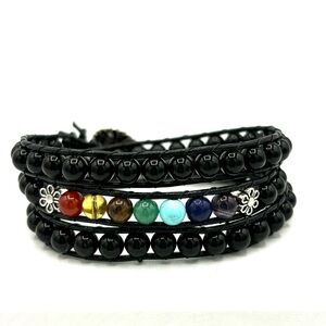 HAND CRAFTED Chakra Wrap Bracelet with Black Leather NWT